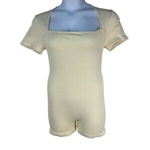 OQQ Womens Short Sleeve Romper XL Stretch Sexy Yoga Ribbed Fit Beige Square Neck